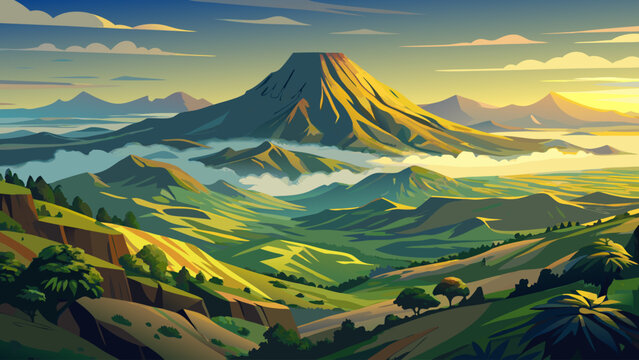 Mount Elgon, Uganda &ndash; Ancient volcanic caldera rim shadows mirror green valleys below. Mist drapes volcanic planes in soft dawn light.