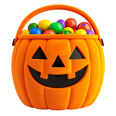 A fluffy orange pumpkin halloween candy bucket filled with colorful round candies isolated on transparent background
