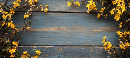 Floral border with spring bloom. Flat lay assorted flower border on wooden background. Template for greeting card, invitation, banner, copy space. 