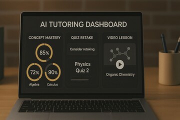 AI Tutoring Dashboard Displaying Concept Mastery Progress, Quiz Retake Prompt, and Video Lesson in Dark Study Setting
