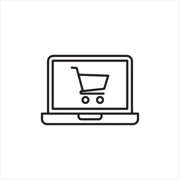 Online Shopping Cart Icon on Laptop &ndash; E-commerce Line Art Symbol