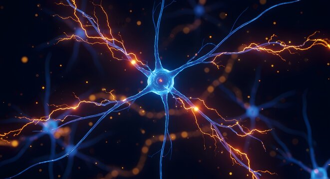 Complex neural network firing with electrical signals, visualizing brain activity, cognition, and neurological processes	
