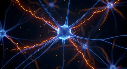 Glowing neuron network sending electrical pulses, symbolizing thought, memory, and cognitive processing	
