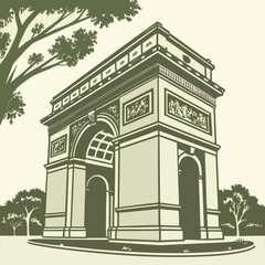 Illustration of the arc de triomphe in paris with trees and a light background in a vintage style
