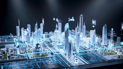 Futuristic cityscape model showcasing urban development with digital overlays and technology elements - Powered by Adobe