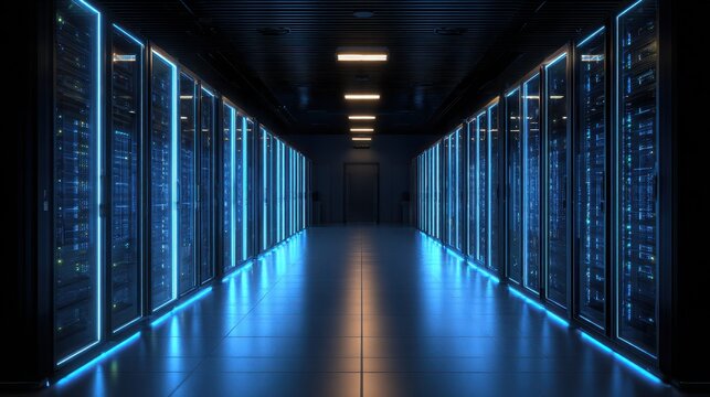High quality photo of rows of powerful server racks in a modern data center facility with glowing blue lights.