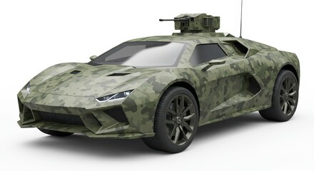 Camouflaged Supercar with Mounted Turret: A Futuristic Military Vehicle