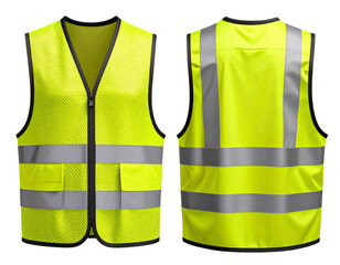 Front and Back View of Yellow Construction Safety Vest, transparent background