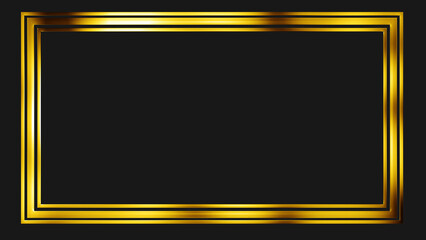 Golden rectangle frame shining with particle dust around it, magic fairy tail. Ornamental jewelery luxury gold elegant looking artistic frame. Royal glittering sparkling promo advertisement.