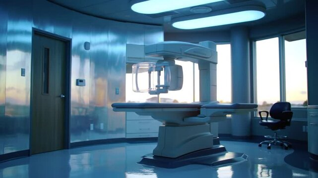 Advanced imaging radiology suite bathed in soft, futuristic blue light atmosphere