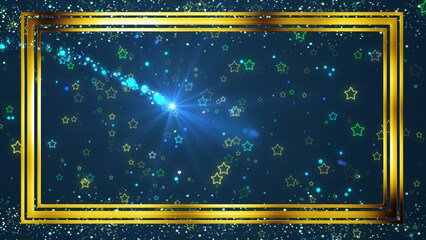 Golden rectangle frame shining with particle dust around it, magic fairy tail. Ornamental jewelery luxury gold elegant looking artistic frame. Royal glittering sparkling promo advertisement.