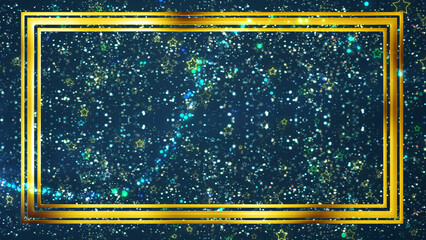 Golden rectangle frame shining with particle dust around it, magic fairy tail. Ornamental jewelery luxury gold elegant looking artistic frame. Royal glittering sparkling promo advertisement.