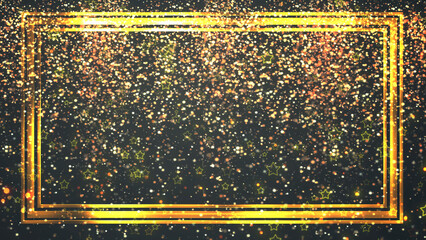 Golden rectangle frame shining with particle dust around it, magic fairy tail. Ornamental jewelery luxury gold elegant looking artistic frame. Royal glittering sparkling promo advertisement.