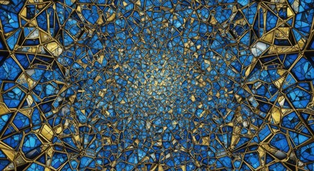 Intricate Mosaic Pattern of Blue and Gold Geometric Design