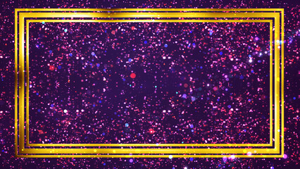 Golden rectangle frame shining with particle dust around it, magic fairy tail. Ornamental jewelery luxury gold elegant looking artistic frame. Royal glittering sparkling promo advertisement.