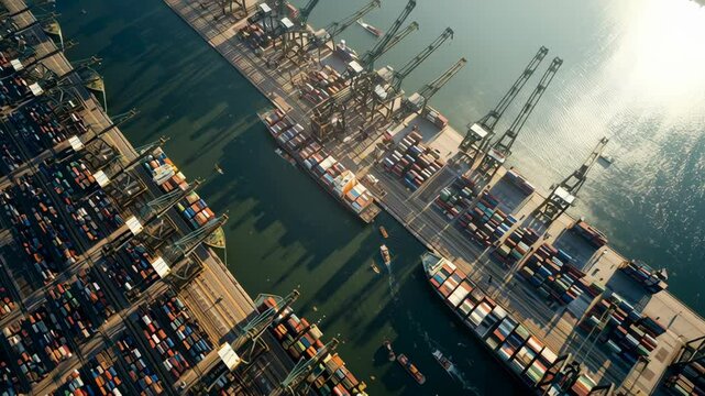 Idle Cranes and Anchored Ships in a Stagnant Shipping Port