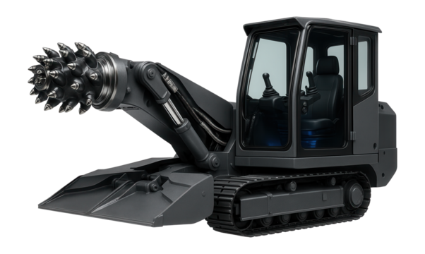 Roadheader with an integrated operator cabin and joystick controls for precision cutting in limestone quarries.