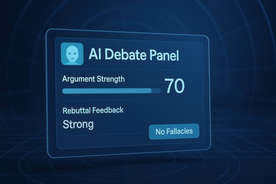 AI Debate Panel Interface Displaying Argument Strength, Rebuttal Feedback, and Logical Fallacy Detection in Blue Digital Style
