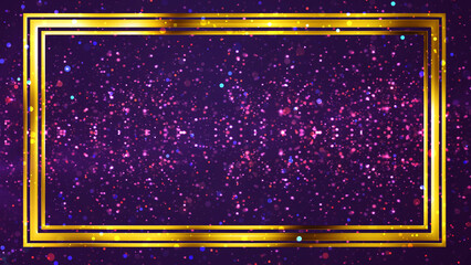 Golden rectangle frame shining with particle dust around it, magic fairy tail. Ornamental jewelery luxury gold elegant looking artistic frame. Royal glittering sparkling promo advertisement.