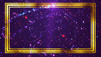 Golden rectangle frame shining with particle dust around it, magic fairy tail. Ornamental jewelery luxury gold elegant looking artistic frame. Royal glittering sparkling promo advertisement.