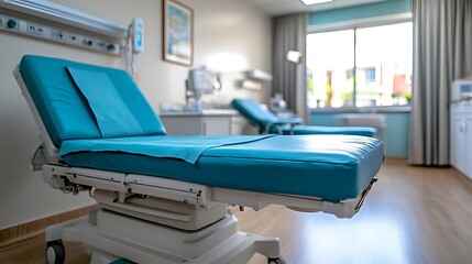 Teal examination table in a medical facility.