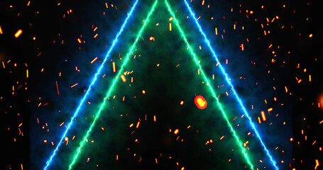 Neon lines moving along with fire dust ember rising from bottom, gate opening 3d simulation like bg. Glowing inspiration gates to freedom and eternal life. Concept for game, sci-fi movies, tv.