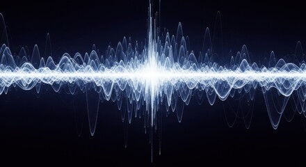 Abstract Blue Particle Waveform Visualization with Central Bright Light Burst on Black Background