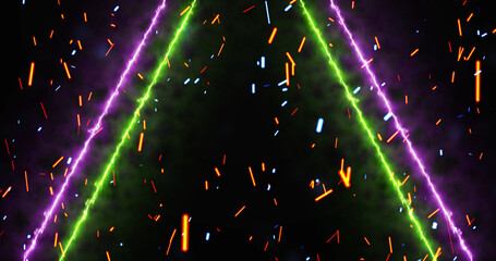 Neon lines moving along with fire dust ember rising from bottom, gate opening 3d simulation like bg. Glowing inspiration gates to freedom and eternal life. Concept for game, sci-fi movies, tv.