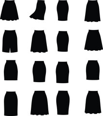 Vector illustration set of women's skirt silhouettes, showcasing diverse styles like pencil, A-line, and flared designs, ideal for fashion, apparel, and wardrobe concepts on white background.