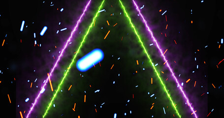 Neon lines moving along with fire dust ember rising from bottom, gate opening 3d simulation like bg. Glowing inspiration gates to freedom and eternal life. Concept for game, sci-fi movies, tv.