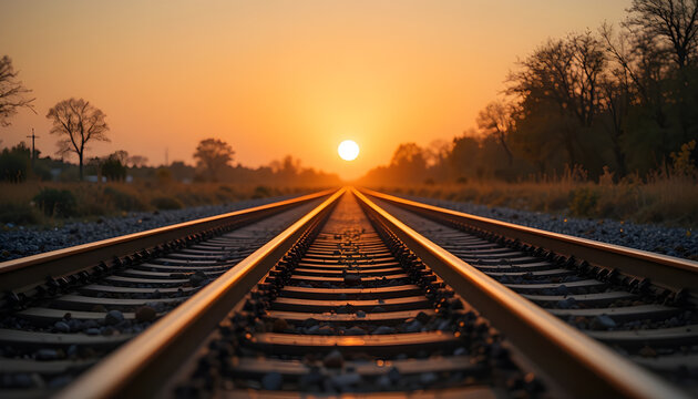 Golden Sunset Over Parallel Railway Tracks &ndash; Symmetrical Perspective Landscape Photo