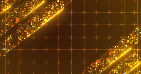 Royal luxurious majestic shiny particles with neon lines moving, award show bg. Golden stage ready for music concert ceremony, horizontal glamour backdrop. Victory winner announcement porduct bg