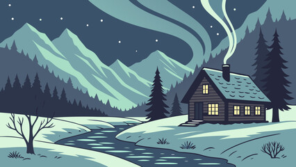 Fototapeta premium Snow-dusted mountain hills under a twilight sky, frozen creek in the foreground, cozy wooden cabin with smoke rising, aurora borealis above, photorealistic 4K
