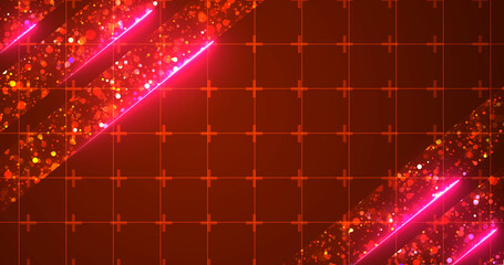 Royal luxurious majestic shiny particles with neon lines moving, award show bg. Golden stage ready for music concert ceremony, horizontal glamour backdrop. Victory winner announcement porduct bg