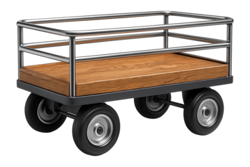 Rail cart with a wooden cargo bed and side rails for moving construction supplies at a building site.