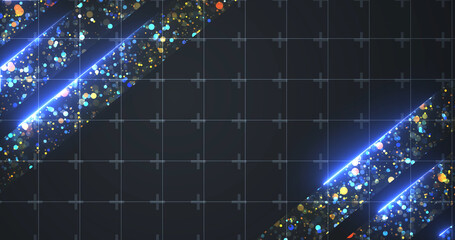 Royal luxurious majestic shiny particles with neon lines moving, award show bg. Golden stage ready for music concert ceremony, horizontal glamour backdrop. Victory winner announcement porduct bg