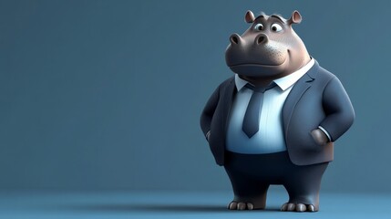 Hippopotamus bodyguard in clean suit, wide stance, low angle view to emphasize size, security concept generative ai