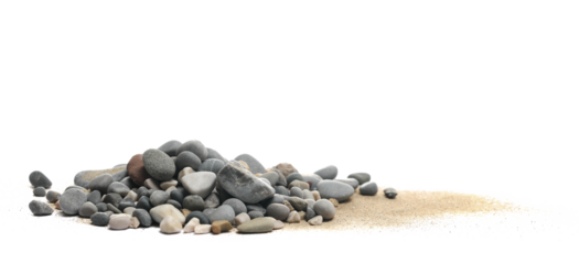 Pile sand and sea pebbles isolated on white background, side view	