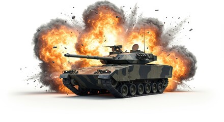 Military Tank Emerging from Fiery Explosion