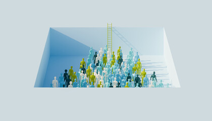 Competition concept. Several differently colored figurines trying to reach a ladder leading up. Career aspiration, career ladder.