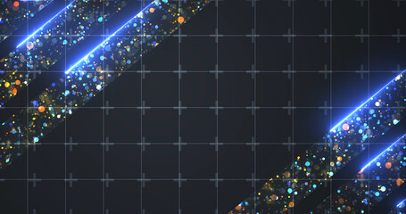 Royal luxurious majestic shiny particles with neon lines moving, award show bg. Golden stage ready for music concert ceremony, horizontal glamour backdrop. Victory winner announcement porduct bg