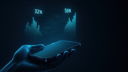 Futuristic hand holding a smartphone with glowing data charts and bar graphs with percentages floating above it, concept of production planning and control