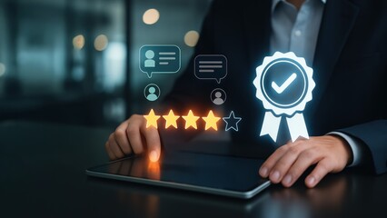 A businessman using digital tablet with review stars and feedback bubbles with glowing certification icon, showing production planning and control in action