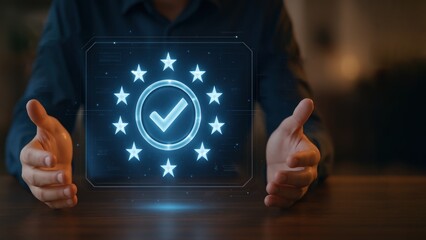 A businessman presents a virtual screen with glowing checkmark badge showing production planning and control in futuristic setting