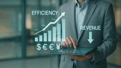 A businessman using tablet with rising charts arrows and currency icons, showing words efficiency and revenue as digital tools for production planning and control
