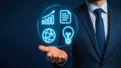 Businessman holding out hand with spinning holographic icons for growth, symbolizing digital success in production planning and control