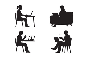 Black Silhouette Vector Set of People Working from Home on Laptops and Video Calling