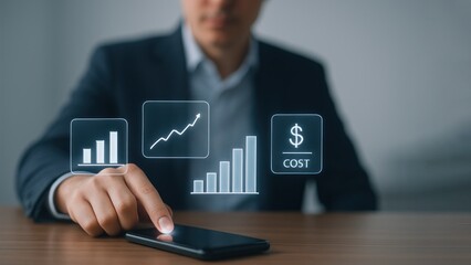 Businessman tapping on smartphone with floating charts and cost data glowing in air, showing futuristic analytics used in production planning and control
