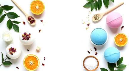 Bath bombs with orange slices and rose petals wooden spoon