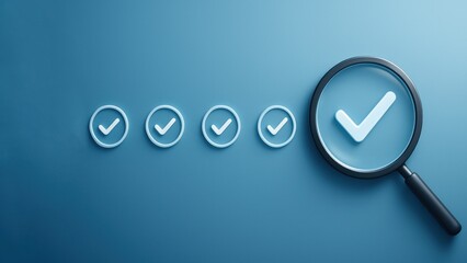 A white checkmark icons and one is enlarged under magnifying glass, symbolizing deep inspection, progress, and production planning focus